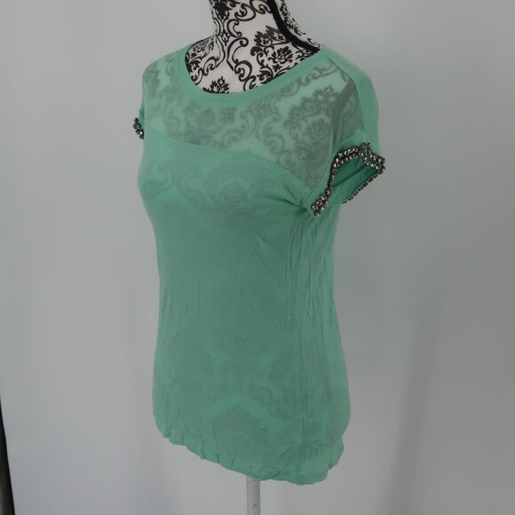 INC International Concepts Teal Semi Sheer T-Shirt Rhinestone Detail Sleeves XS - Picture 3 of 9